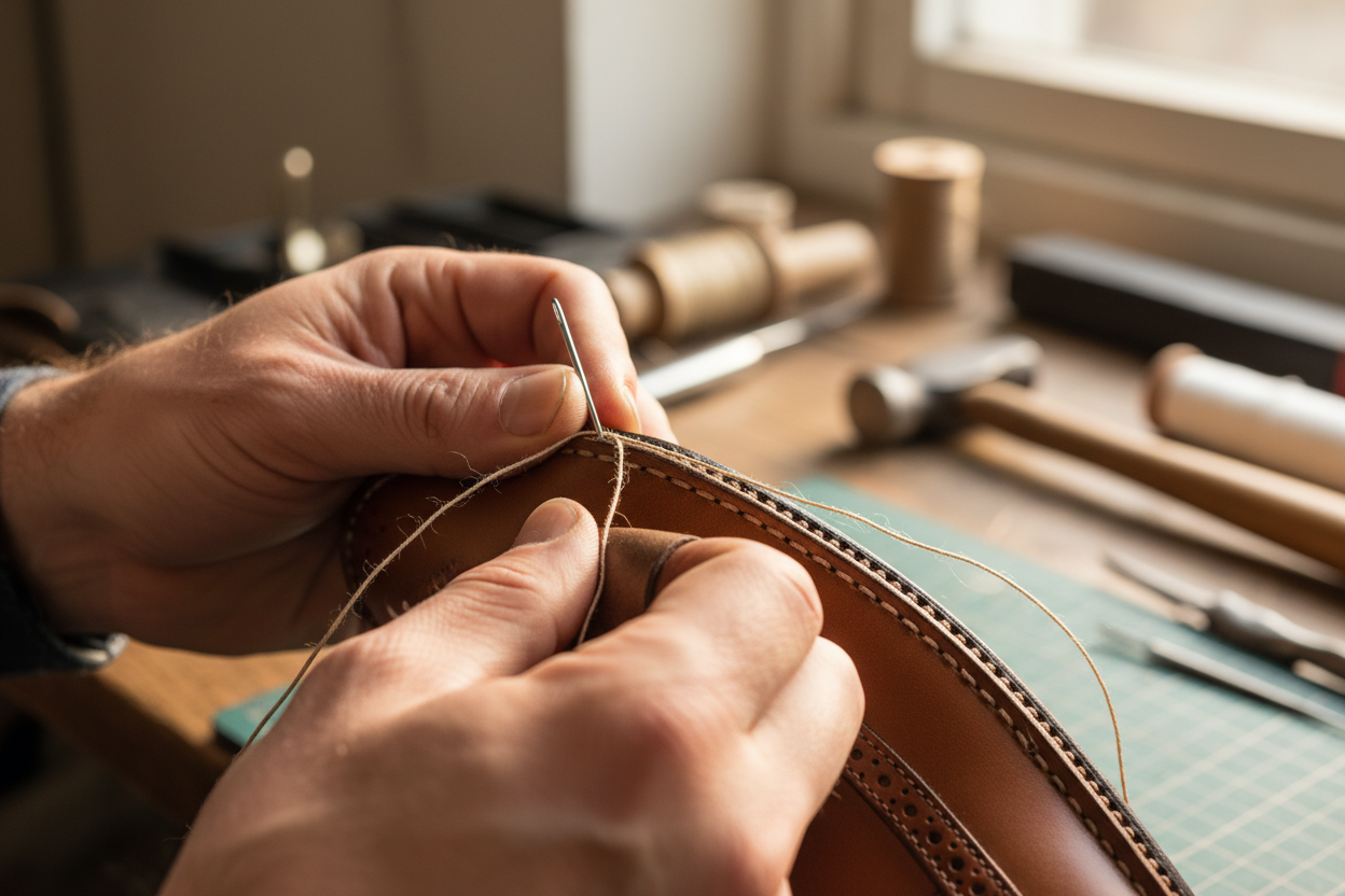 Artisan travaillant le cuir de chaussures 
Gros plan sur le fil et la couture
