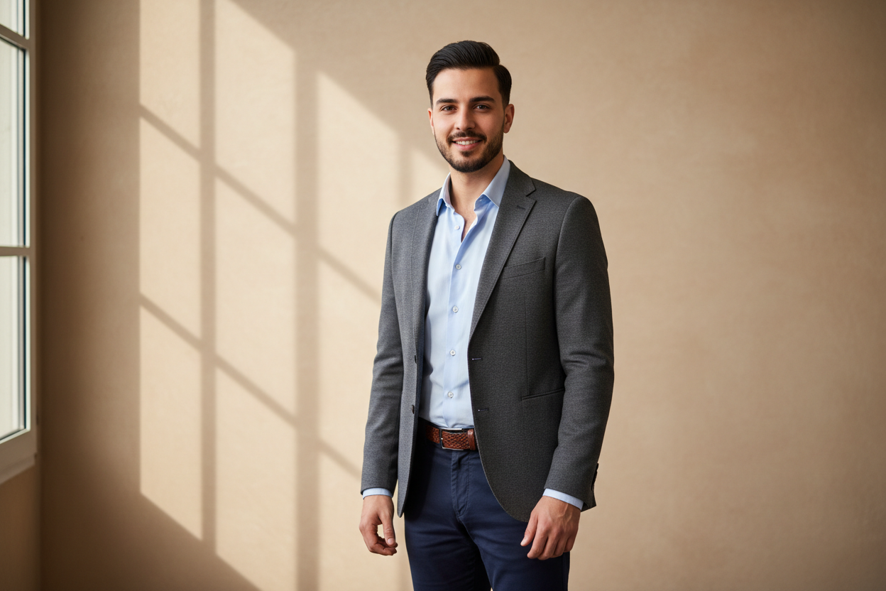 photo de profil jeune homme marocain elegant background beige