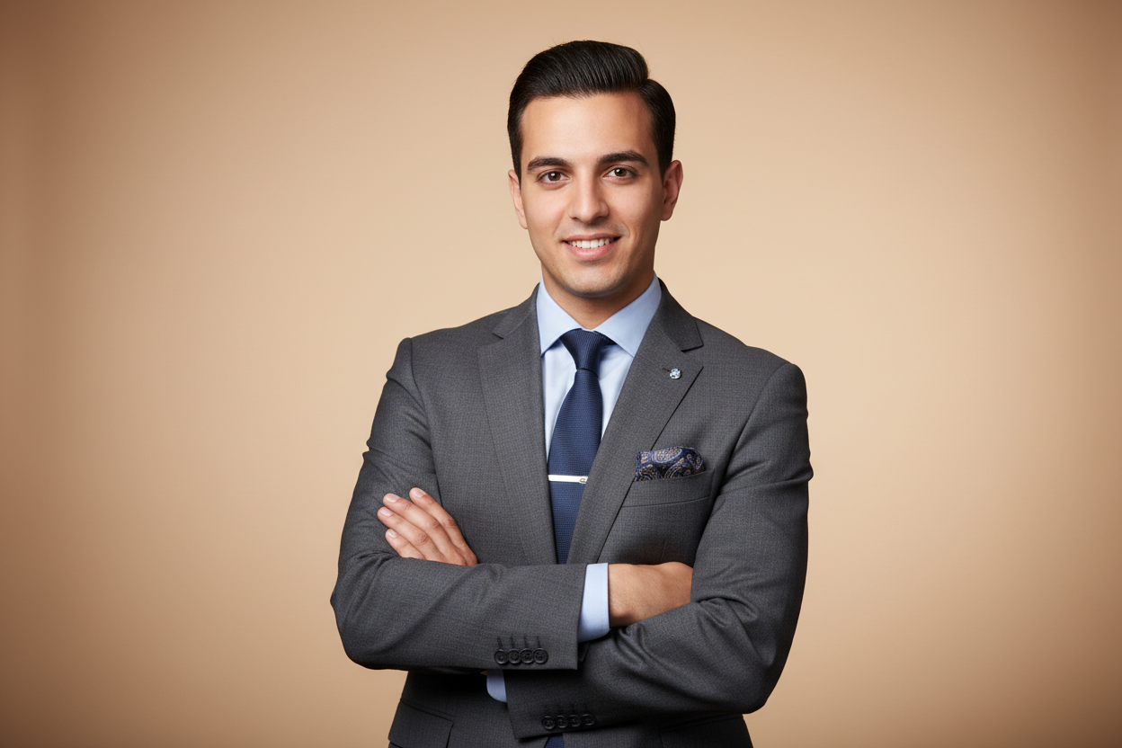 photo de profil jeune homme marocain elegant background beige